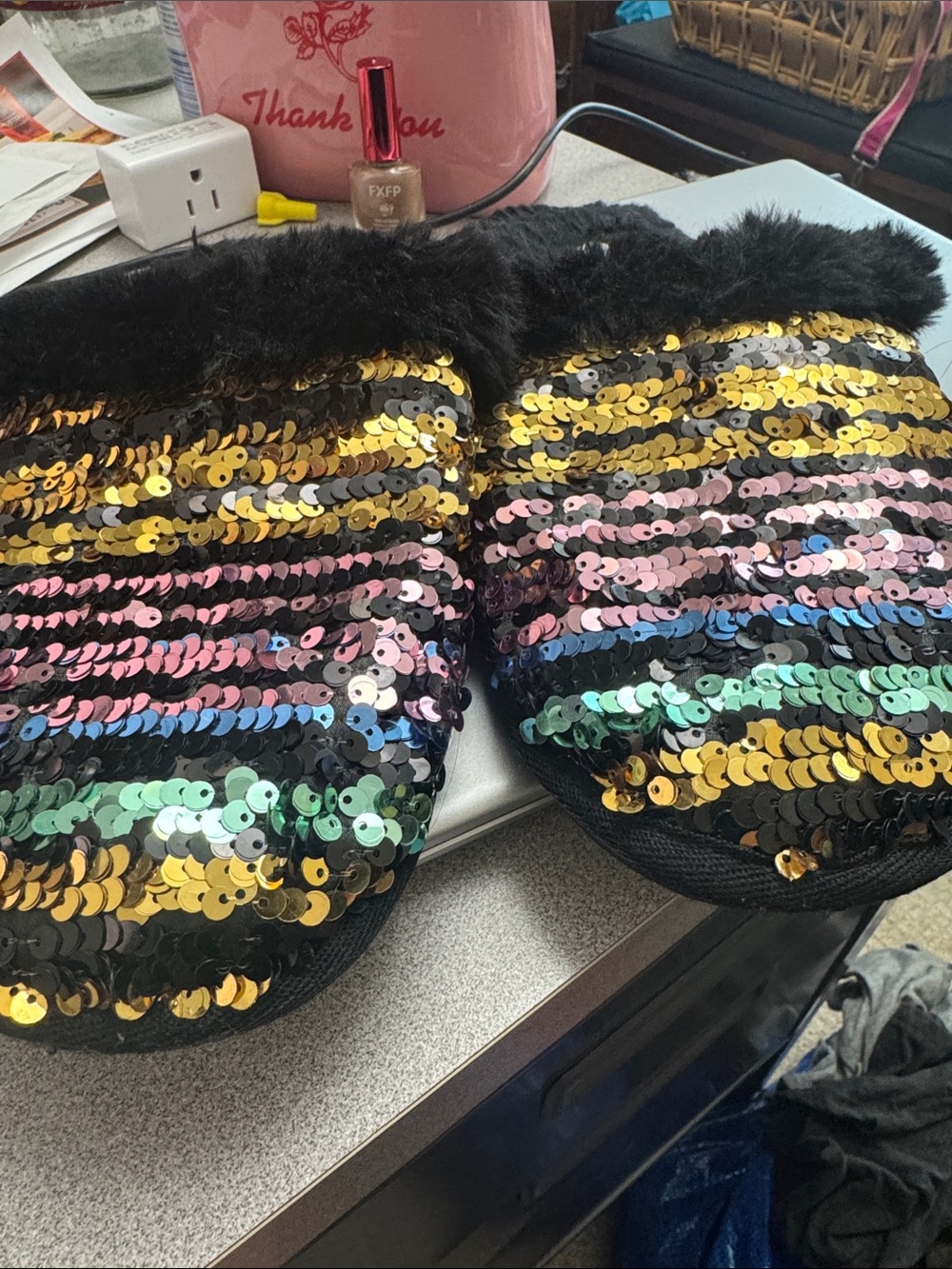 Torrid Sequin Slippers with Faux Fur Trim - Black Multi